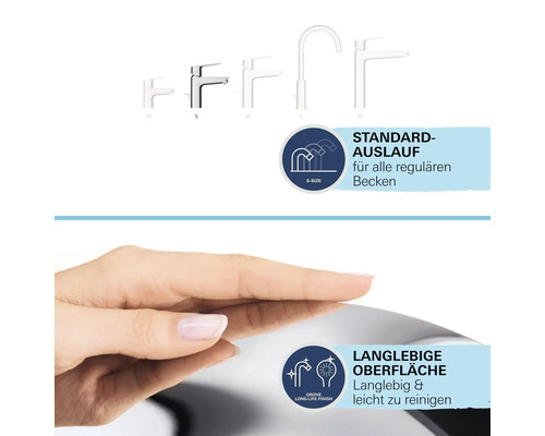 Différentes tailles de robinets et informations sur le bec standard et la surface durable