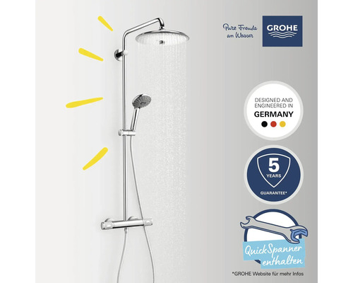 Duschsystem mit Kopf- und Handbrause sowie Thermostatarmatur. Inklusive fünf Jahre Garantie und Schnellspanner. Grohe Logo.