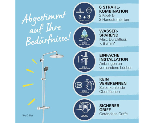 Brausesystem mit verschiedenen Strahlarten, Wassersparfunktion, einfacher Installation, Verbrühschutz und sicherem Griff.