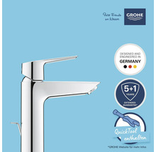 Robinet chromé brillant avec logo Grohe, label Designed and Engineered in Germany, garantie prolongée de 5 ans et Quicktool inclus.