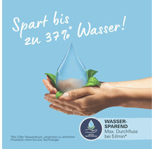 Wassersparfunktion: Eine Hand hält einen Wassertropfen mit Blättern.
