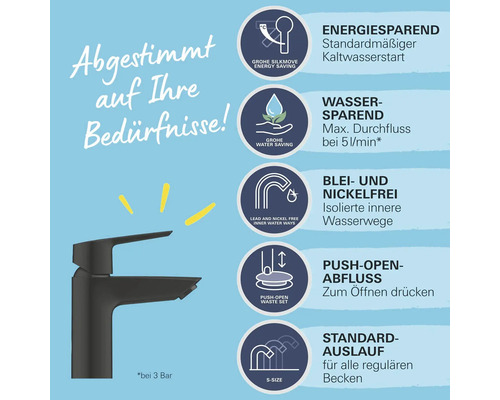 Armatur mit Hinweisen zu Energieeinsparung, Wassersparen, Bleifreiheit, Nickel Freiheit, Push Open Ablauf und Standardauslauf
