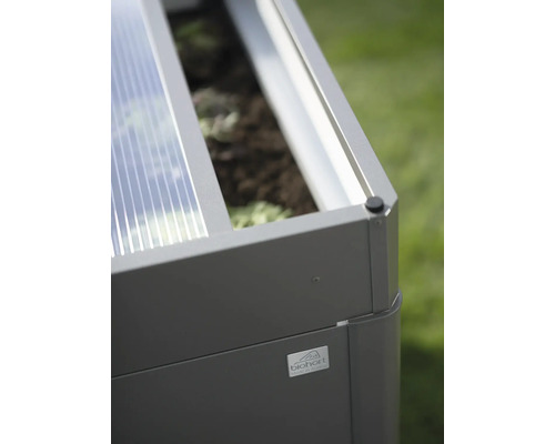 Jardinière surélevée avec plantes et logo Biohort