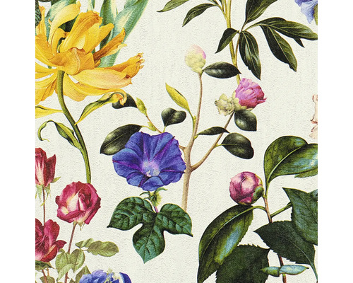 Papier peint à fleurs avec roses, tulipes et motif de feuilles