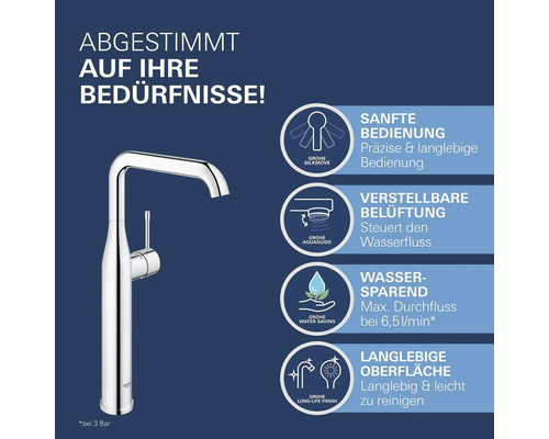 Küchenarmatur mit verschiedenen Produktmerkmalen: leichtgängige Bedienung, einstellbare Belüftung, Wassersparfunktion, langlebige Oberfläche