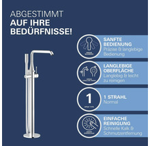 Freistehende Badewannenarmatur mit Eigenschaften wie sanfte Bedienung und einfacher Reinigung.
