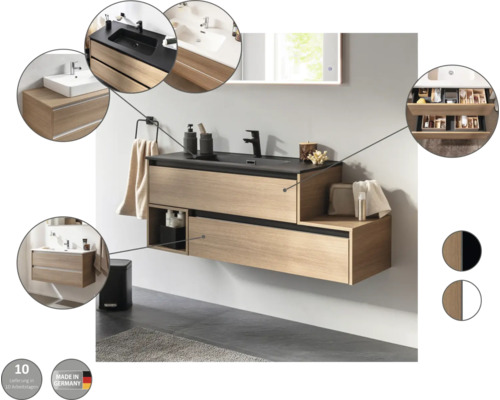 Meuble sous-vasque avec tiroirs et surface de rangement dans une salle de bain