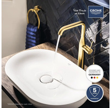 Waschbecken mit goldener Armatur, Handtuchhalter und Grohe Logo