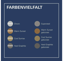 Farbenvielfalt: Chrom, Supersteel, Warm Sunset, Warm Sunset gebürstet, Cool Sunrise, Cool Sunrise gebürstet, Hard Graphite, Hard Graphite gebürstet