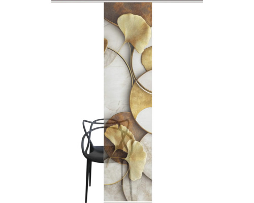 Schiebetür mit Ginkgo-Blatt-Motiv vor einem Stuhl