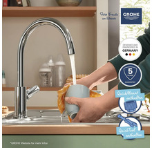 Küchenarmatur mit Wasserstrahl, 5 Jahre Garantie, entworfen und hergestellt in Deutschland, Grohe Logo
