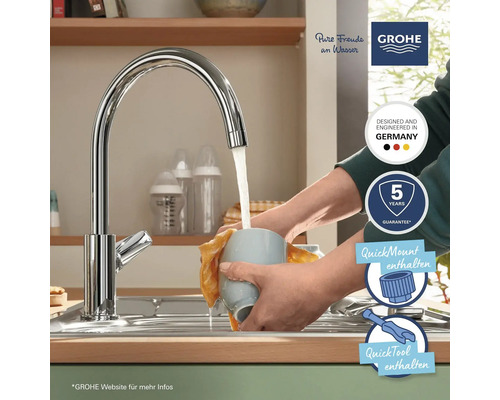 Küchenarmatur mit Wasserstrahl, 5 Jahre Garantie, entworfen und hergestellt in Deutschland, Grohe Logo
