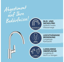 Armatur mit Hinweisen zu Eigenschaften wie blei- und nickelfreien Wasserwegen sowie langlebiger Kartusche und Oberfläche