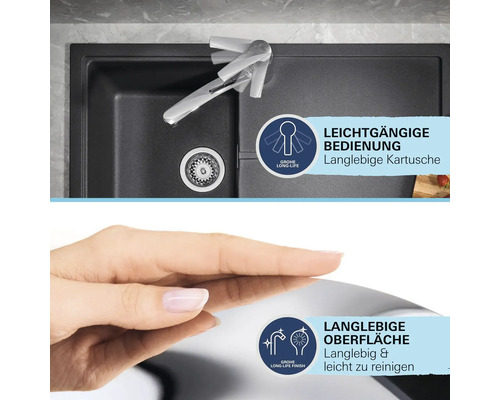 Spültischarmatur mit leichtgängiger Bedienung und langlebiger Kartusche sowie langlebiger und leicht zu reinigender Oberfläche.