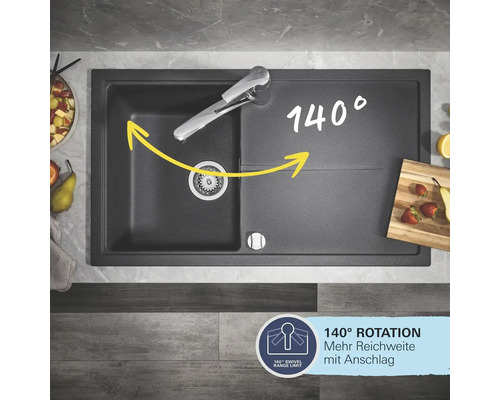 Spüle mit Armatur und 140 Grad Schwenkbereich