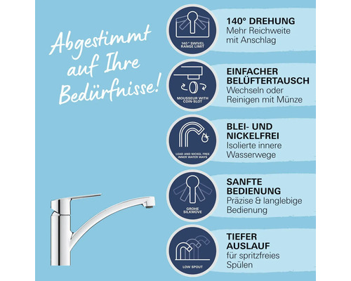 Spültischarmatur mit 140 Grad Schwenkbereich, Belüfteraustausch mit Münze, Blei- und Nickelfrei, Grohe Silkmove, tiefer Auslauf