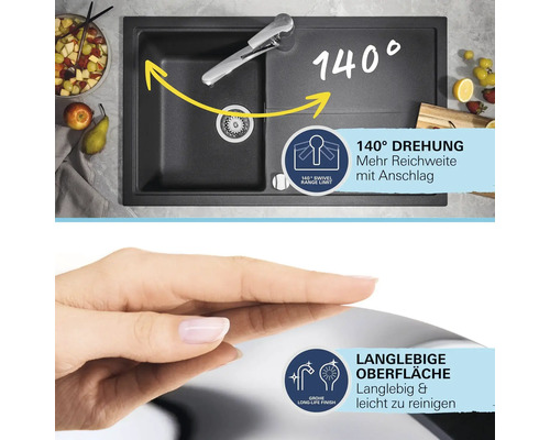 Spültisch mit 140 Grad Drehwinkel und langlebiger Oberfläche
