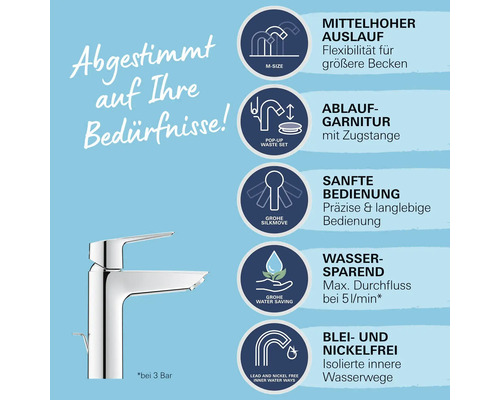 Armatur mit mittelhohem Auslauf und den Eigenschaften: Ablaufgarnitur mit Zugstange, sanfte Bedienung, wassersparend und blei- und nickelfrei