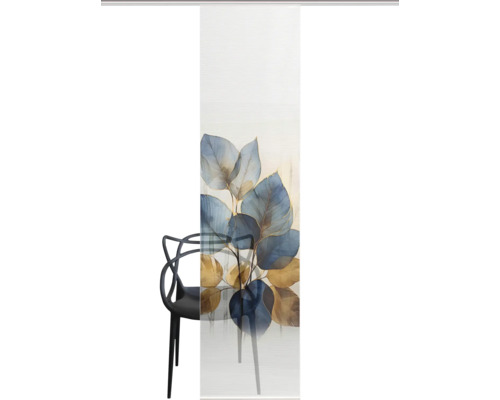 Schiebegardine mit Pflanzenmotiv und schwarzem Stuhl