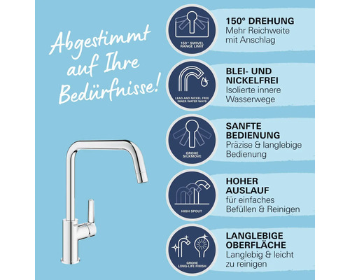 Spültischarmatur mit 150 Grad Schwenkbereich, blei- und nickelfreien Wasserwegen, hoher Auslauf und langlebiger Oberfläche.