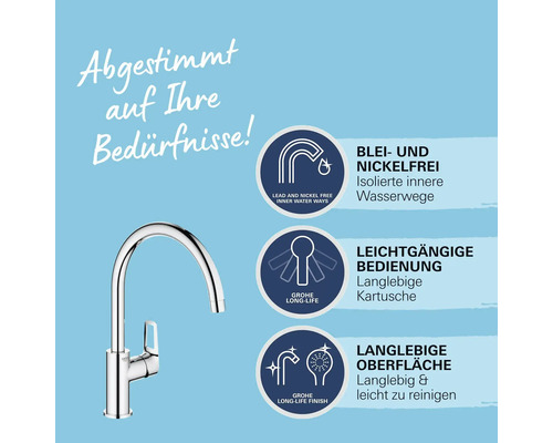 Image du produit d'un robinet avec des informations sur les voies d'eau sans plomb ni nickel, une utilisation facile et une surface durable