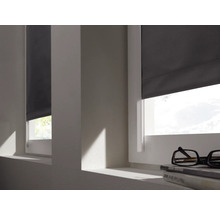 Zwei Fenster mit heruntergelassenen Rollos in einem hellen Raum