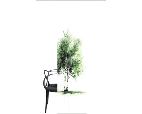 Blickdichte Tür mit Birkenmotiv neben einem schwarzen Stuhl