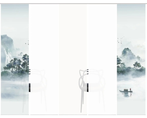 Schiebetür mit asiatischem Landschaftsmotiv und einem Stuhl