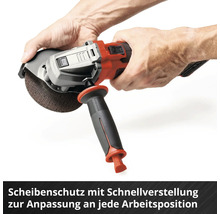 Einhandwinkelschleifer in roter und grauer Ausführung mit Seitengriff und Schleifscheibe