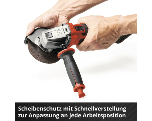 Einhandwinkelschleifer in roter und grauer Ausführung mit Seitengriff und Schleifscheibe