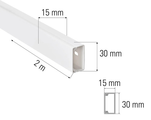 Goulotte de câblage, 2 mètres de long, 15 mm de large et 30 mm de haut