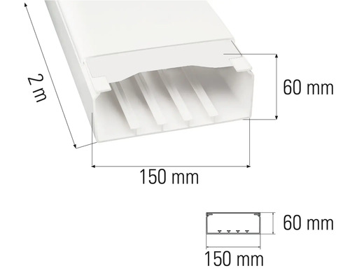 Image d'une goulotte de câblage mesurant 2 mètres de long, 150 millimètres de large et 60 millimètres de haut.
