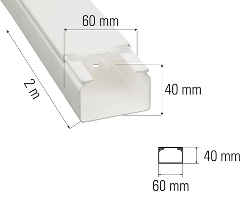 Goulotte de câblage, longueur 2 mètres, largeur 60 millimètres, hauteur 40 millimètres