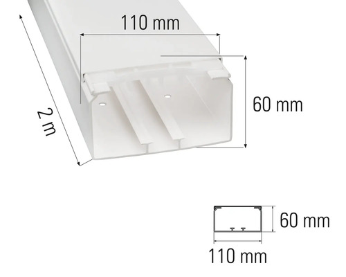 Goulotte d'installation en plastique, longueur 2 mètres, largeur 110 millimètres et hauteur 60 millimètres