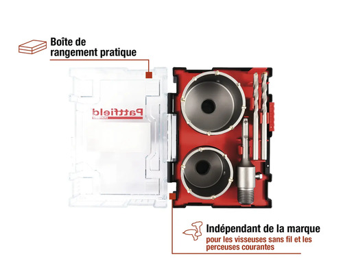 Jeu de scies cloches avec deux têtes de forage, deux forets et adaptateur de forage dans une boîte en plastique