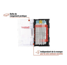 Assortiment de lames de scie sauteuse dans une boîte de rangement transparente
