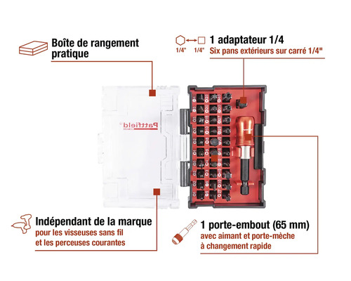 Jeu d’embouts avec boîte de rangement, adaptateur hexagonal et porte-embout