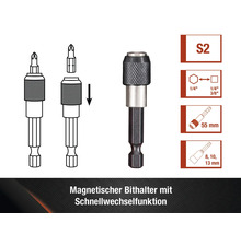 Magnetischer Bithalter mit Schnellwechselfunktion, S2 Stahl, 1/4 Zoll, 3/8 Zoll, Länge 55 mm