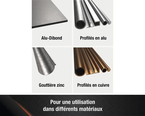 Panneau Alu-Dibond, profilés en aluminium, gouttière en zinc et profilés en cuivre présentés