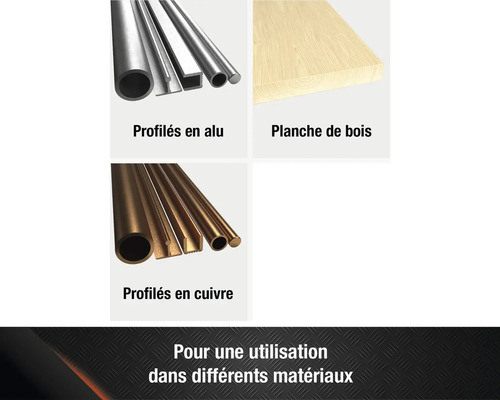 Aperçu des produits en différents matériaux : profilés en aluminium, planche en bois et profilés en cuivre.