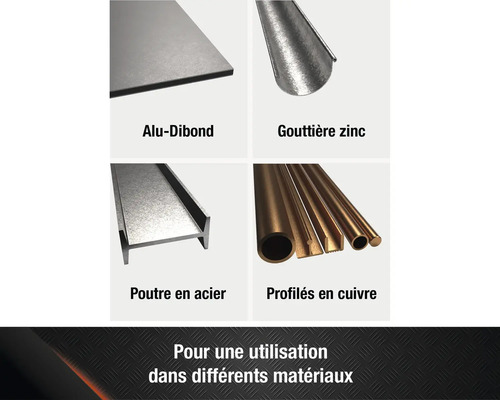 Présentation des produits : panneau composite en aluminium, gouttière en zinc, poutre en acier, profilés en cuivre