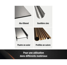 Présentation des panneaux alu-dibond, des gouttières en zinc, des poutres en acier et des profilés en cuivre.