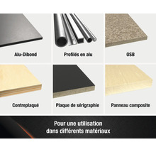 Aperçu de différents matériaux : panneaux composites en aluminium, profilés en aluminium, panneaux OSB, panneaux contreplaqués, panneaux de sérigraphie, panneaux composites