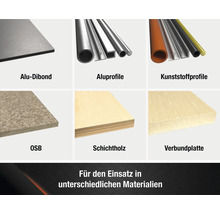 Produktübersicht verschiedener Materialien: Alu-Dibond Platte, Aluminiumprofile, Kunststoffprofile, OSB-Platte, Schichtholz und Verbundplatte