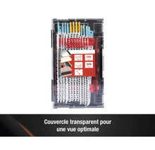 Assortiment de lames de scie sauteuse dans une boîte de rangement transparente