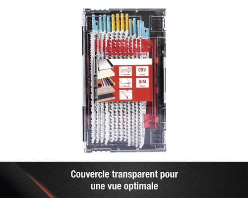 Assortiment de lames de scie sauteuse dans une boîte de rangement transparente