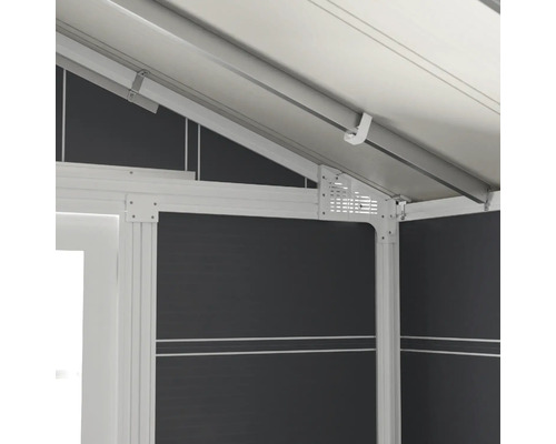 Vue détaillée d'un abri de jardin avec cadre en aluminium et structure de toit