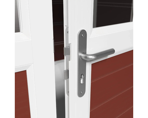 Nahaufnahme einer geöffneten Tür mit silberfarbenem Türgriff und Schließmechanismus