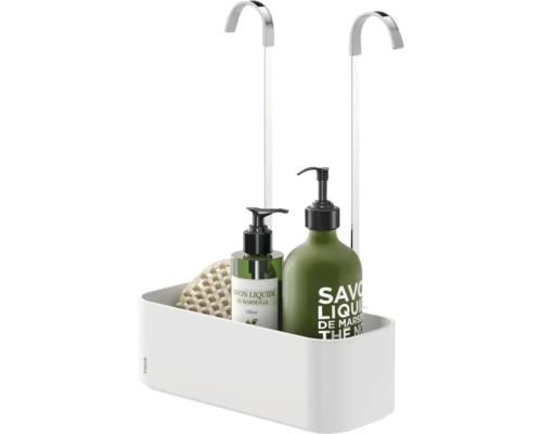 Duschregal zur hängenden Montage mit Seifenspendern und Badeschwamm