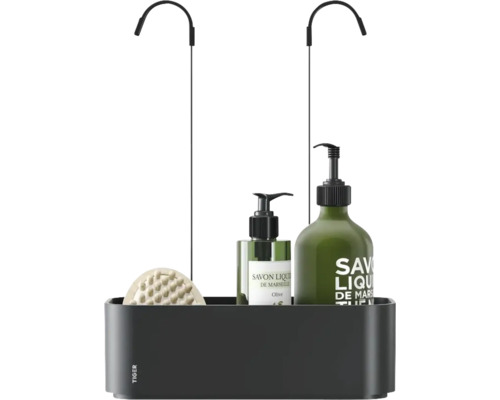 Duschablage mit zwei Seifenspendern und einer Bürste zum Einhängen